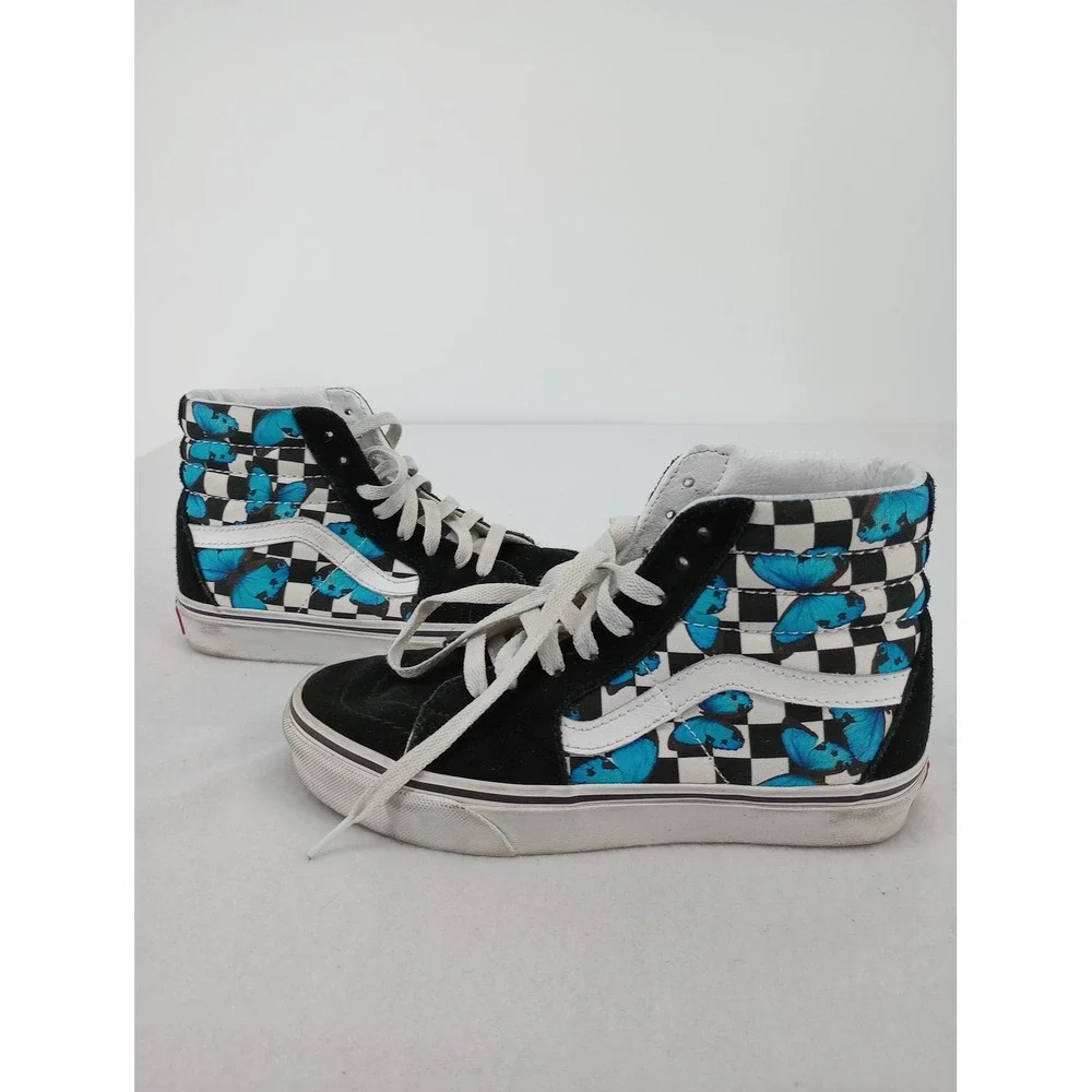 Vans Sk8-Hi Sneakers Womens 5.0 Black Checkerboard Blue Butterfly Skateboard